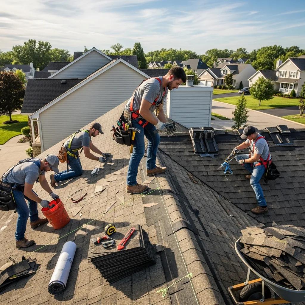 Roofing team repairing shingles and sealing leaks on a residential roof, showcasing tools and materials used in professional roof leak detection and repair services.