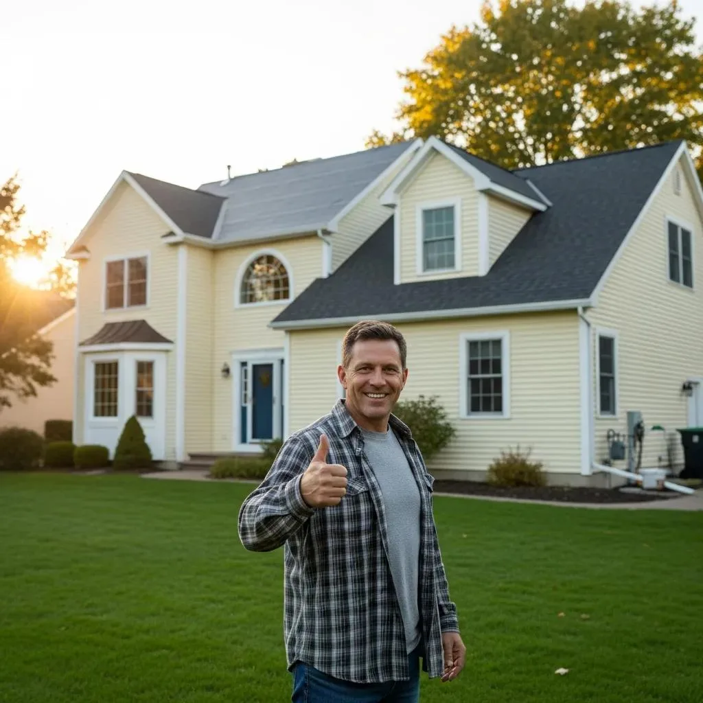 Satisfied homeowner in front of a newly repaired roof, showcasing positive customer experience