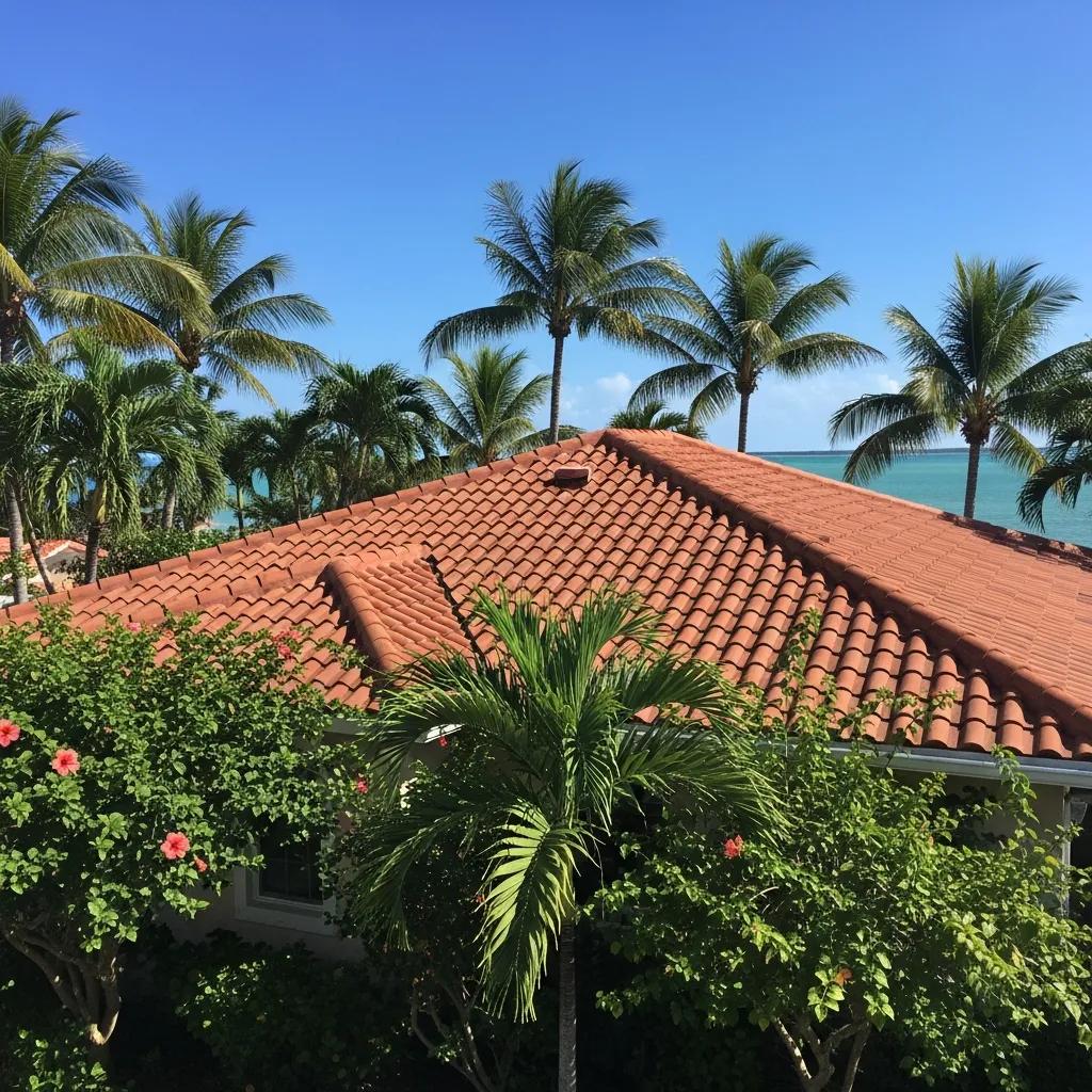 Well-maintained red tile roof surrounded by palm trees and tropical foliage in South Florida, under a clear blue sky, emphasizing the importance of roof care and maintenance.