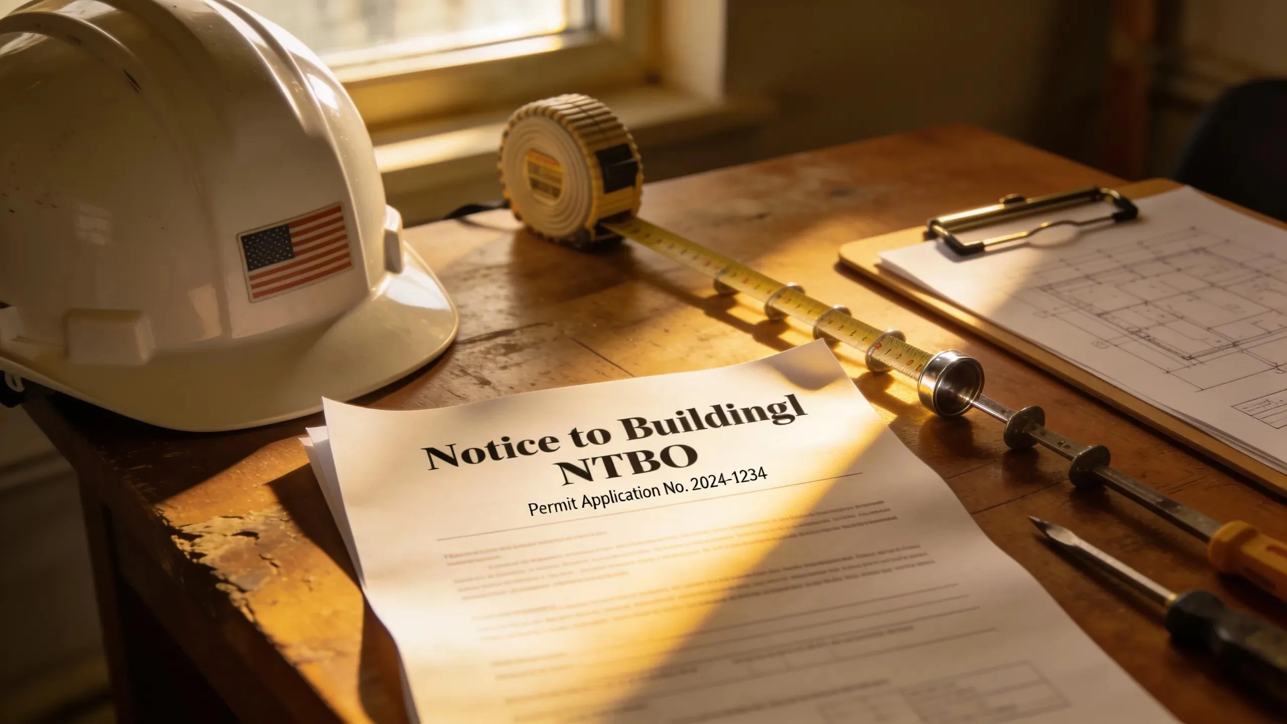 Construction hard hat, measuring tape, and roofing permit documents for Melbourne, FL.