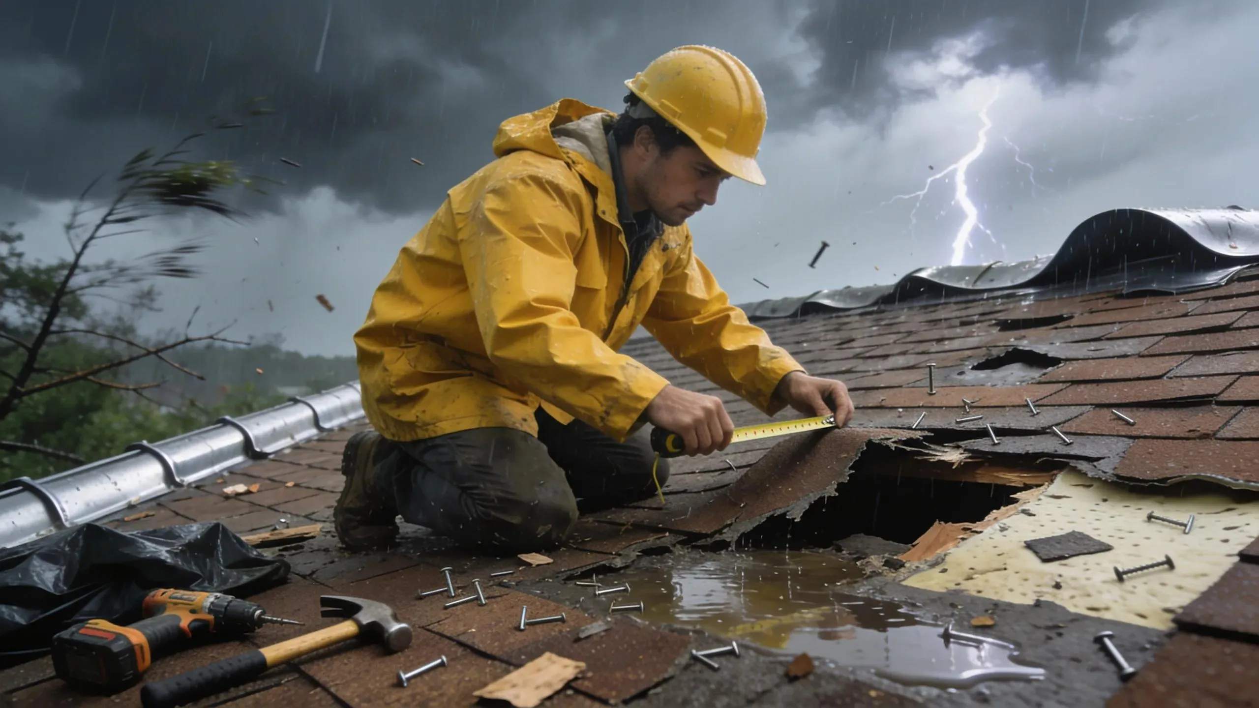 Florida roofing contractor measuring damaged shingles during storm restoration in Melbourne, FL.