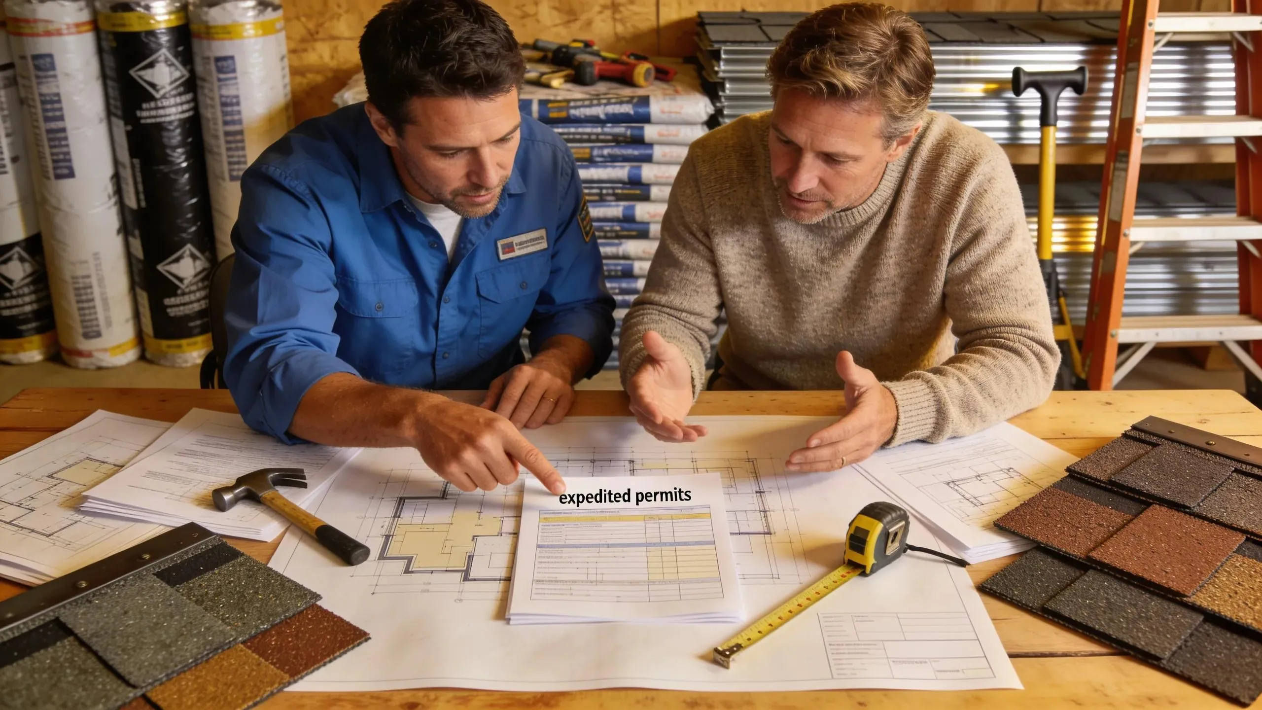 Roofing contractor and homeowner reviewing plans and roofing materials in Melbourne, FL.