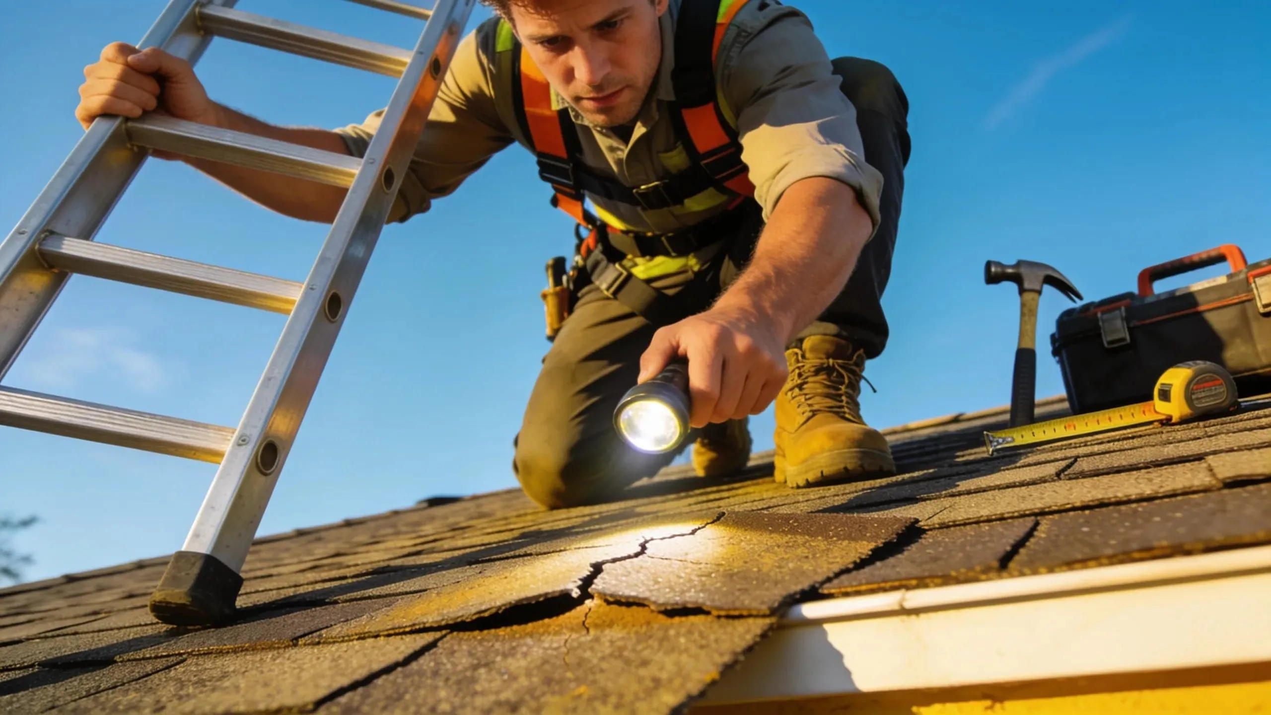 Roofer inspecting damaged shingles with flashlight and tools in Melbourne, FL.