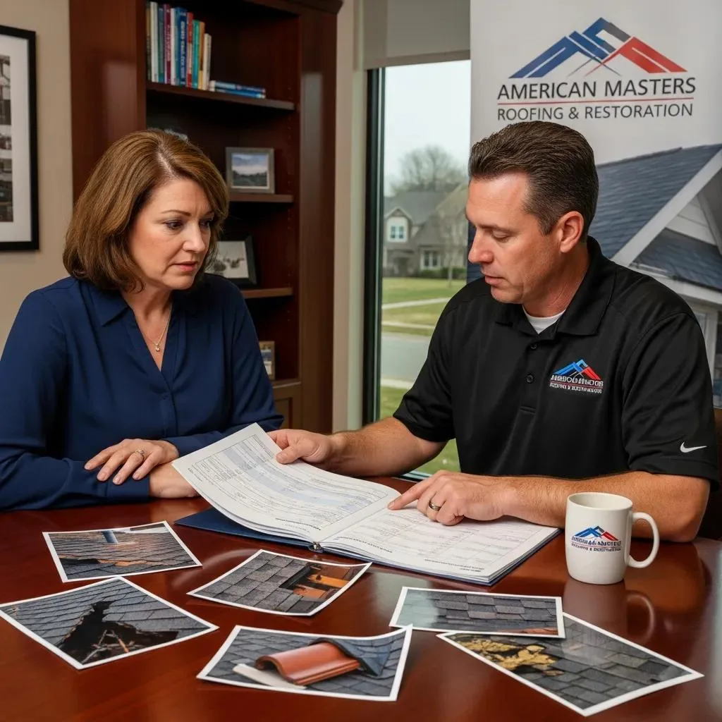 Homeowner consulting with roofing expert about inspection report to support insurance claims