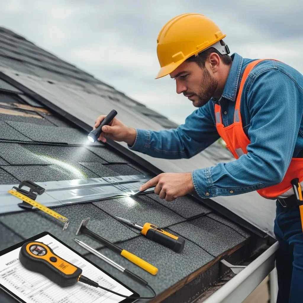 Roofing inspector examining flashing and gutters during a thorough post-hurricane roof inspection