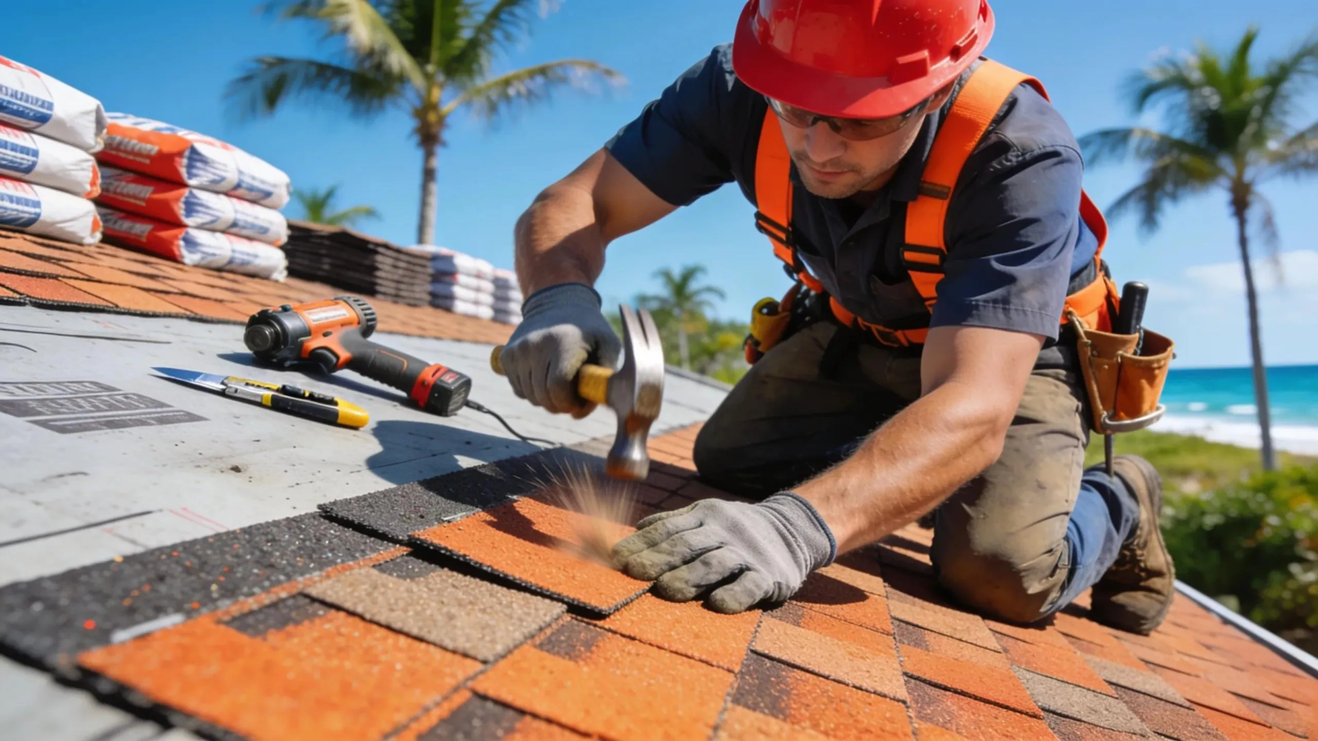 Professional contractor repairing a shingle roof highlighting roofing expertise and tools