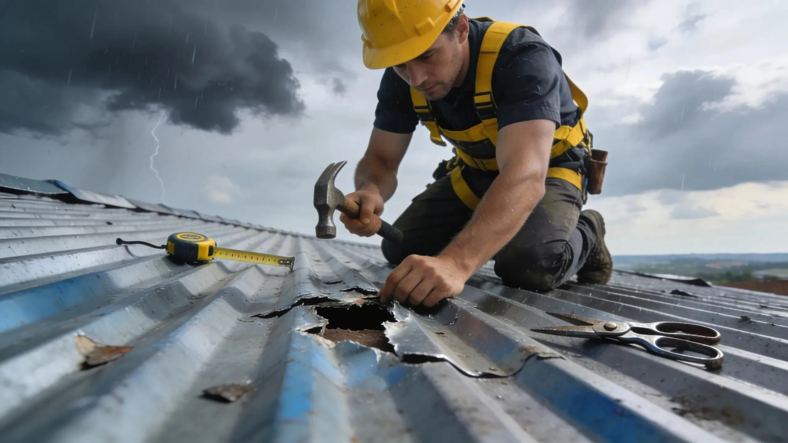 Professional roofer inspecting and repairing metal roof after a storm