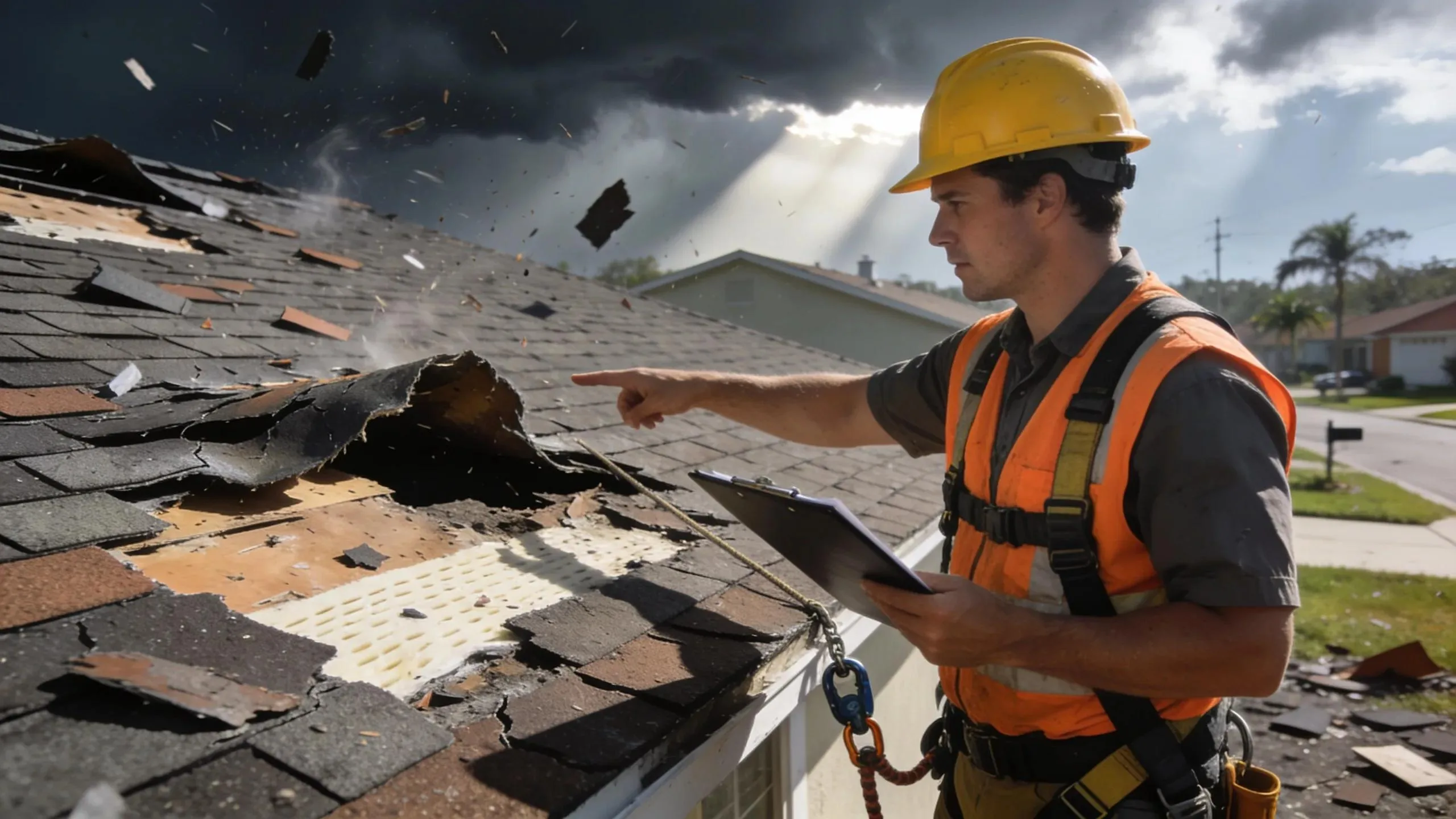 Licensed contractor assessing storm damage on a Palm Bay shingle roof showcasing restoration efforts
