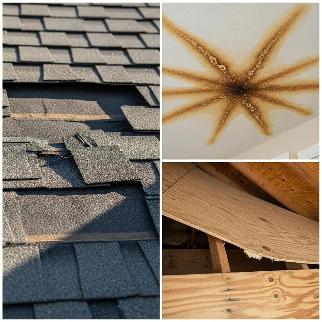 Close-up of roof damage signs including missing shingles and water stains, essential for homeowners to identify