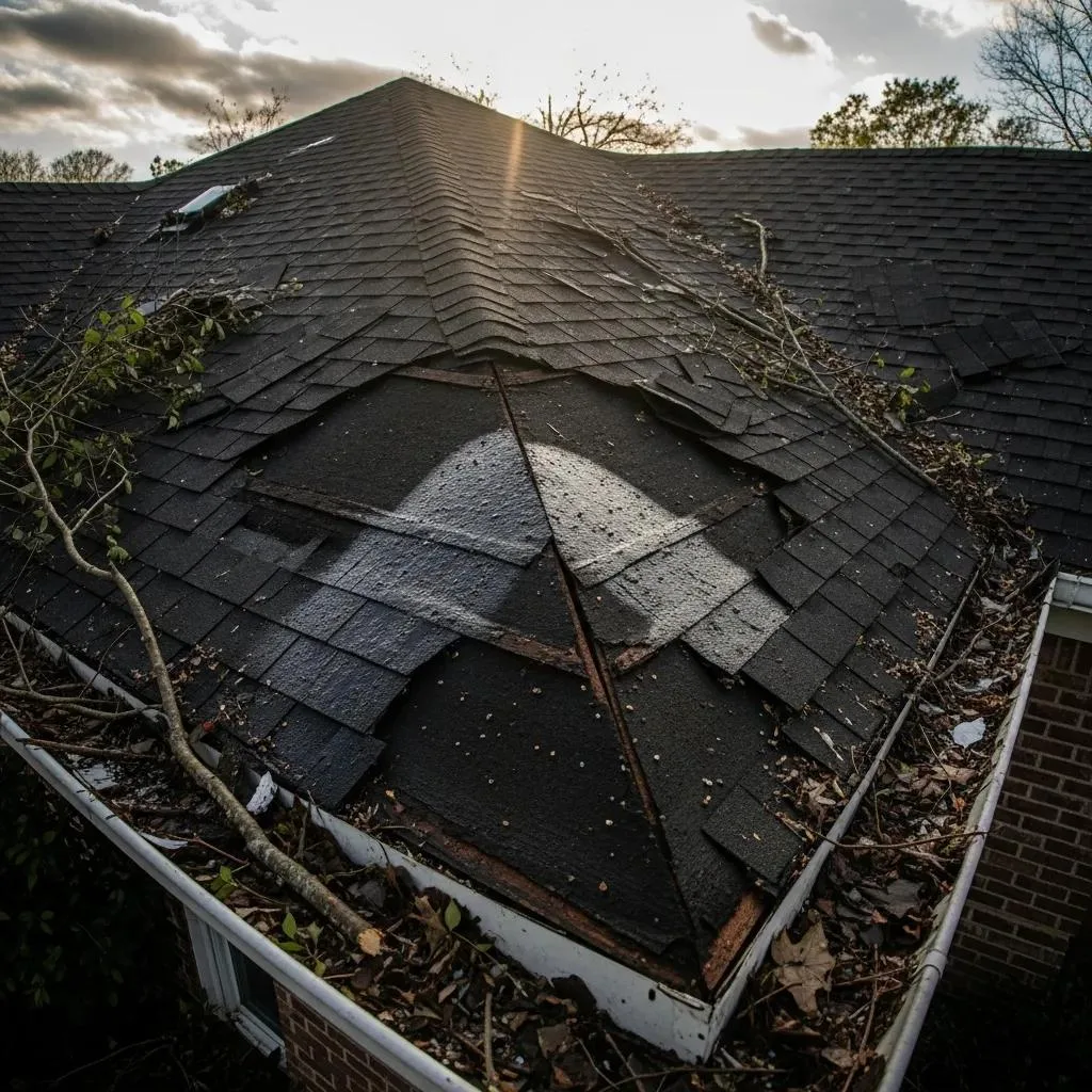 Close-up of storm damage on a roof requiring immediate repair