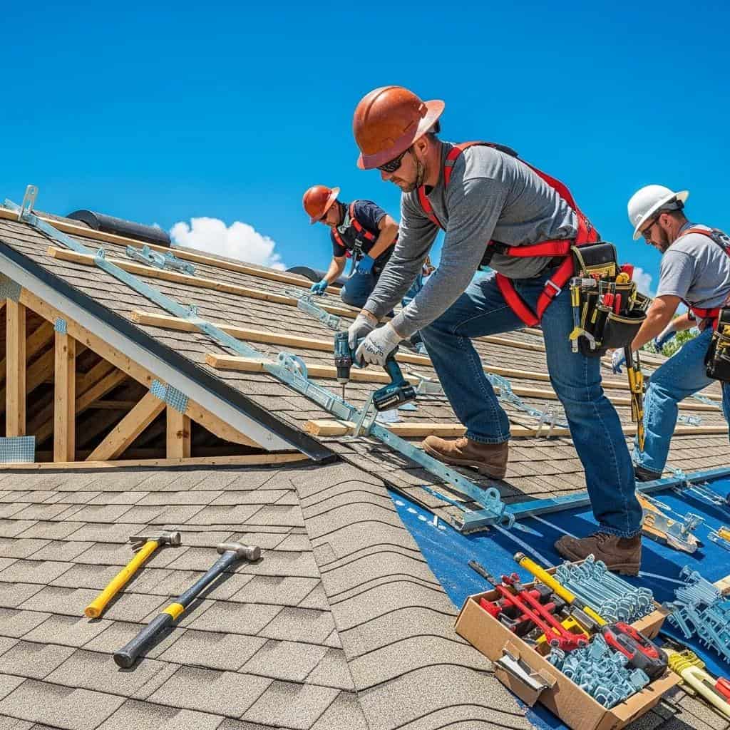 Contractor installing wind mitigation techniques on a roof, showcasing hurricane straps and clips for enhanced safety