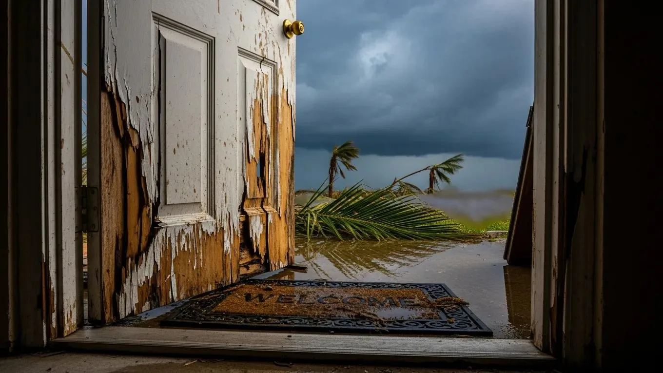Damaged exterior door showing signs of storm impact in a Florida home