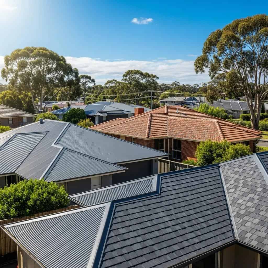 Diverse roofing materials for Melbourne homes: metal, tile, and asphalt shingles.