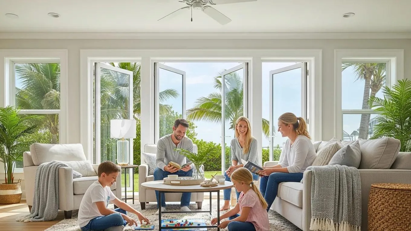 Family enjoying comfort in a living room with energy-efficient hurricane windows