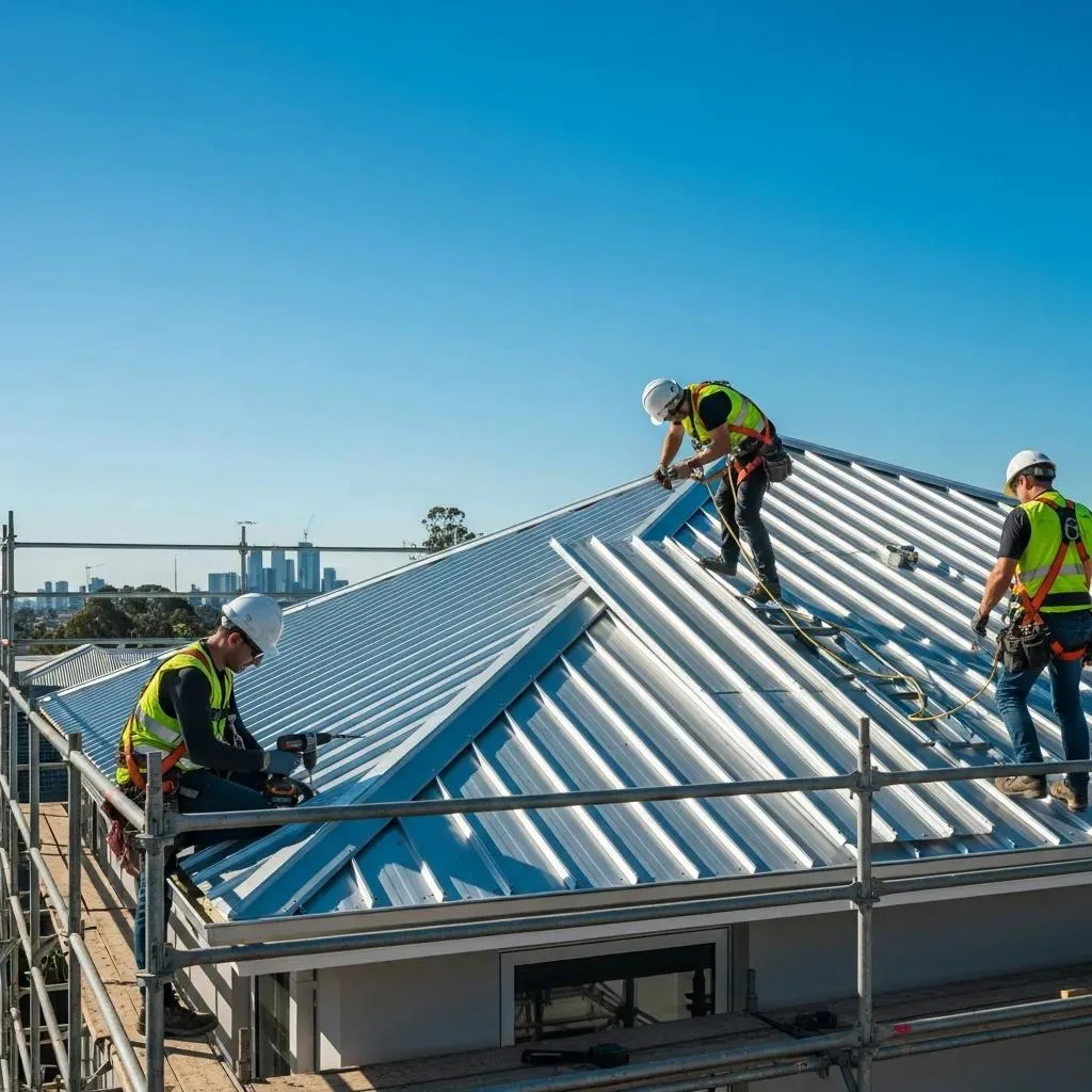Metal roof installation in Melbourne, FL, showcasing reflective properties and durability.