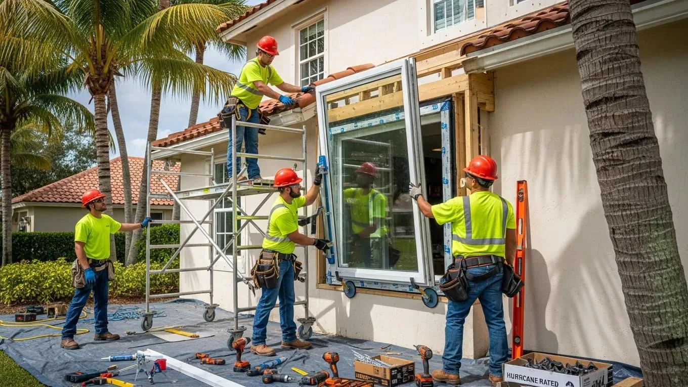 Professional team installing hurricane windows on a Florida home, showcasing the installation process