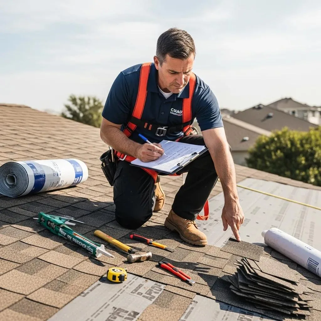Inspector performing a detailed roof inspection — thorough and documented