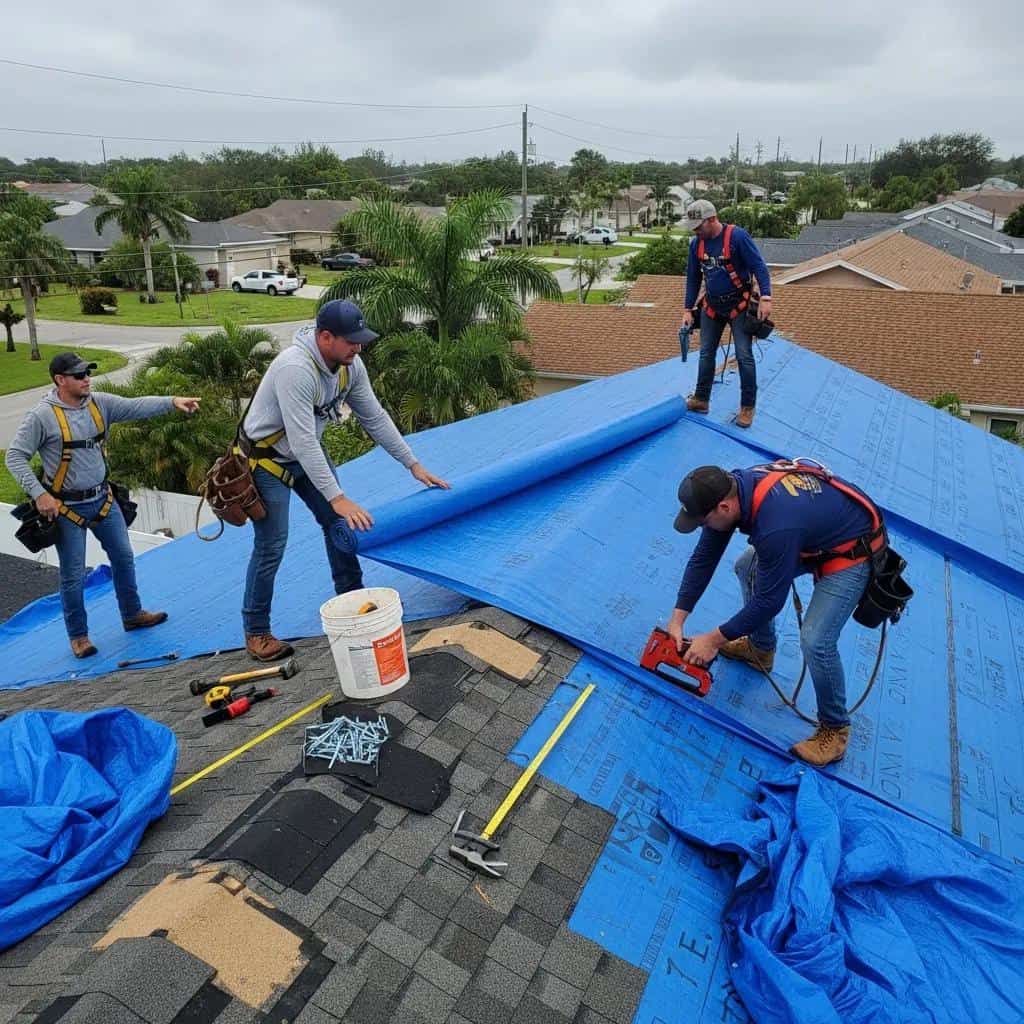 Roofing team performing emergency repairs on a Cocoa, FL home