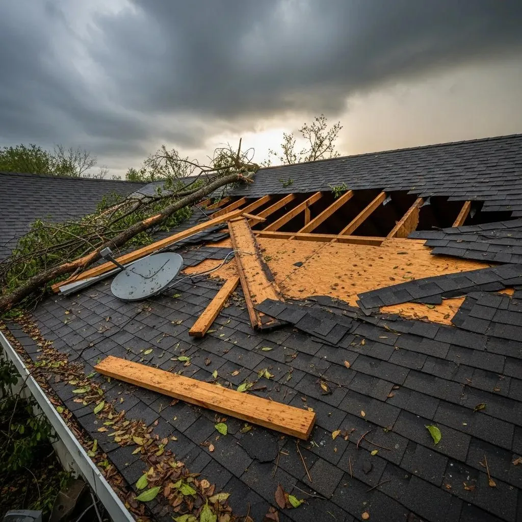 Storm-damaged roof with missing shingles — shows the need for urgent repairs
