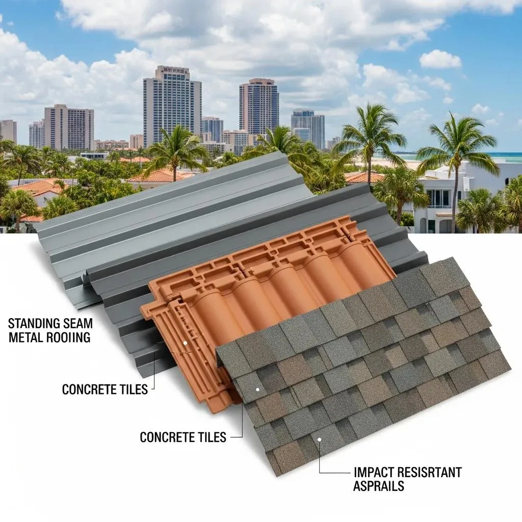 Variety of hurricane-resistant roofing materials suitable for Florida homes, including metal and tile options
