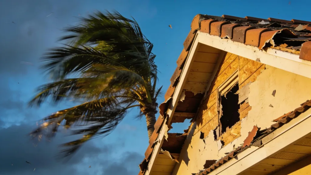 Wind damage to a roof in Melbourne, FL highlighting storm repair needs