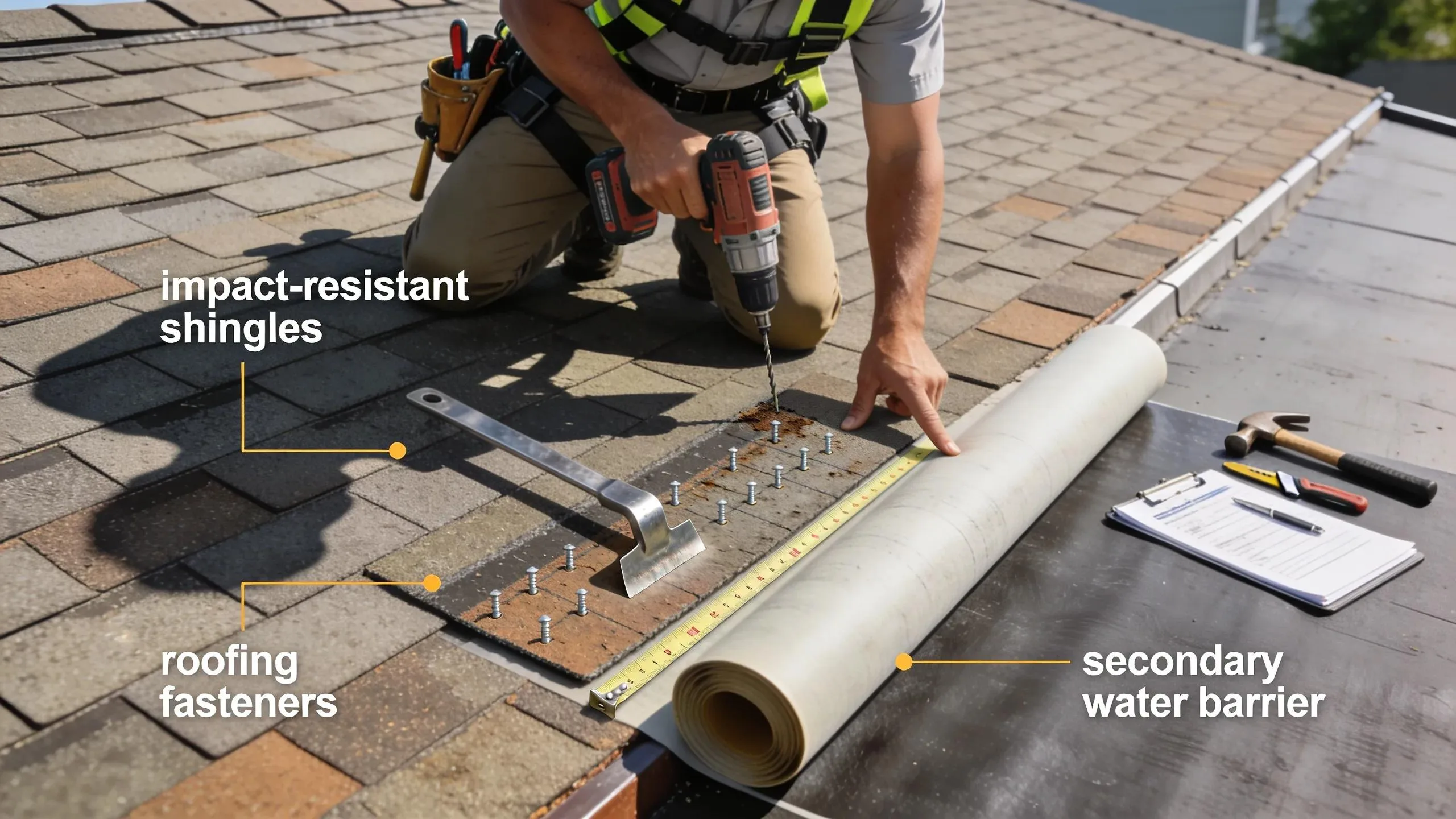 Professional conducting a wind mitigation inspection on a roof, focusing on impact-resistant features and safety measures