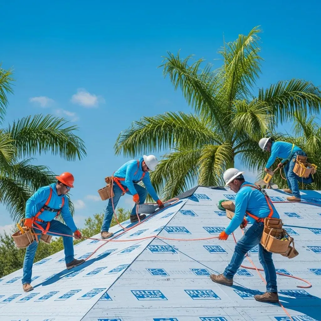 Professional roofing team working on a residential roof in sunny Melbourne, FL